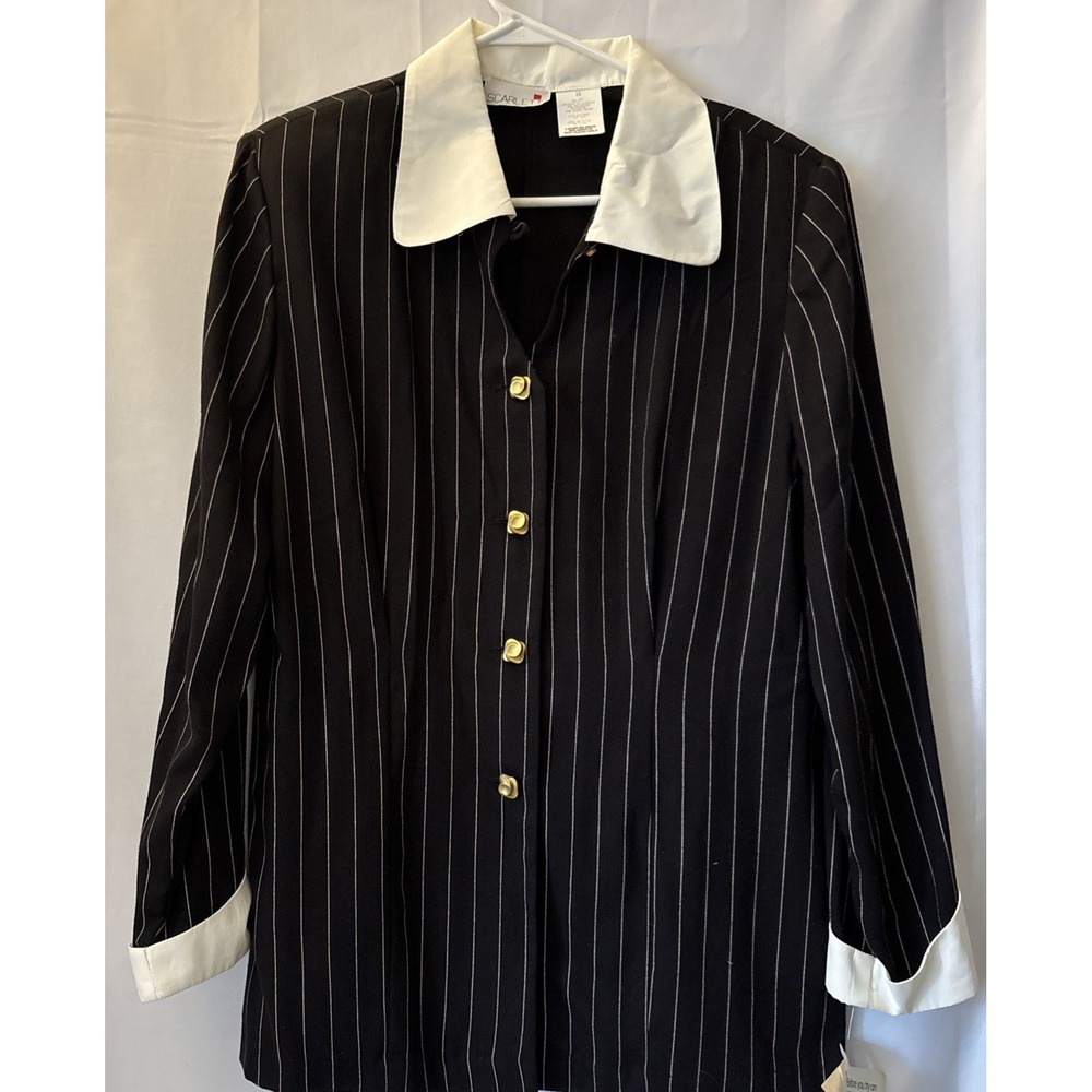Vintage Scarlett Blazer Blouse Button Down Long Sleeve Black Pinstripes Office